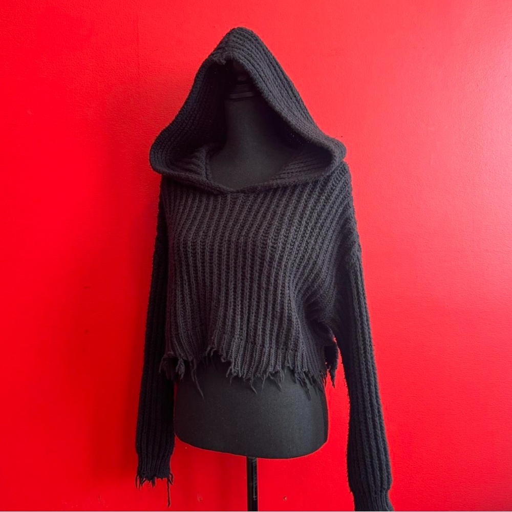 Wildfox black knit cropped sweater with hood size small
